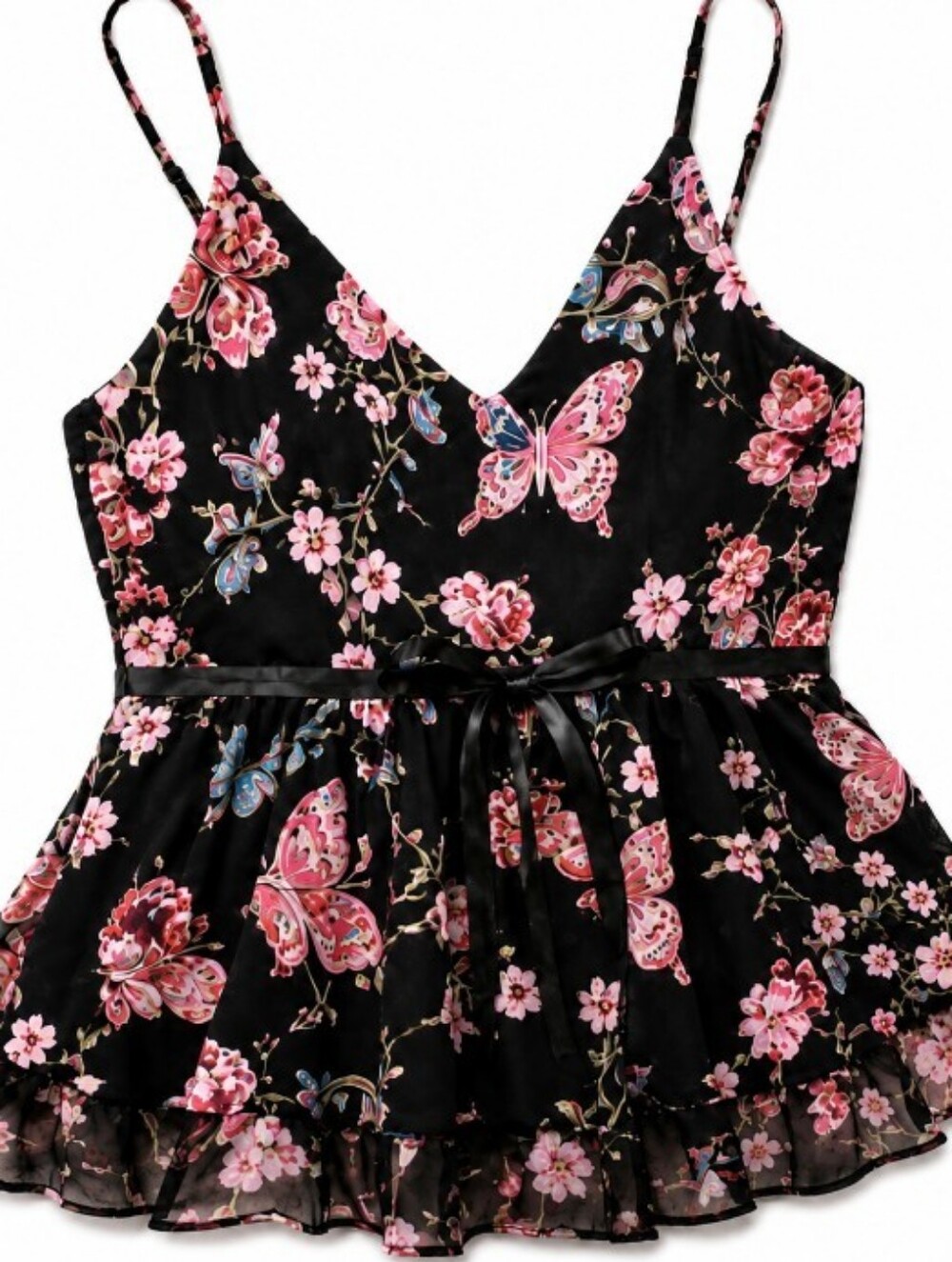 Betsey Johnson Babydoll Cami M Black Butterfly Print Coquette Fairy Y2K